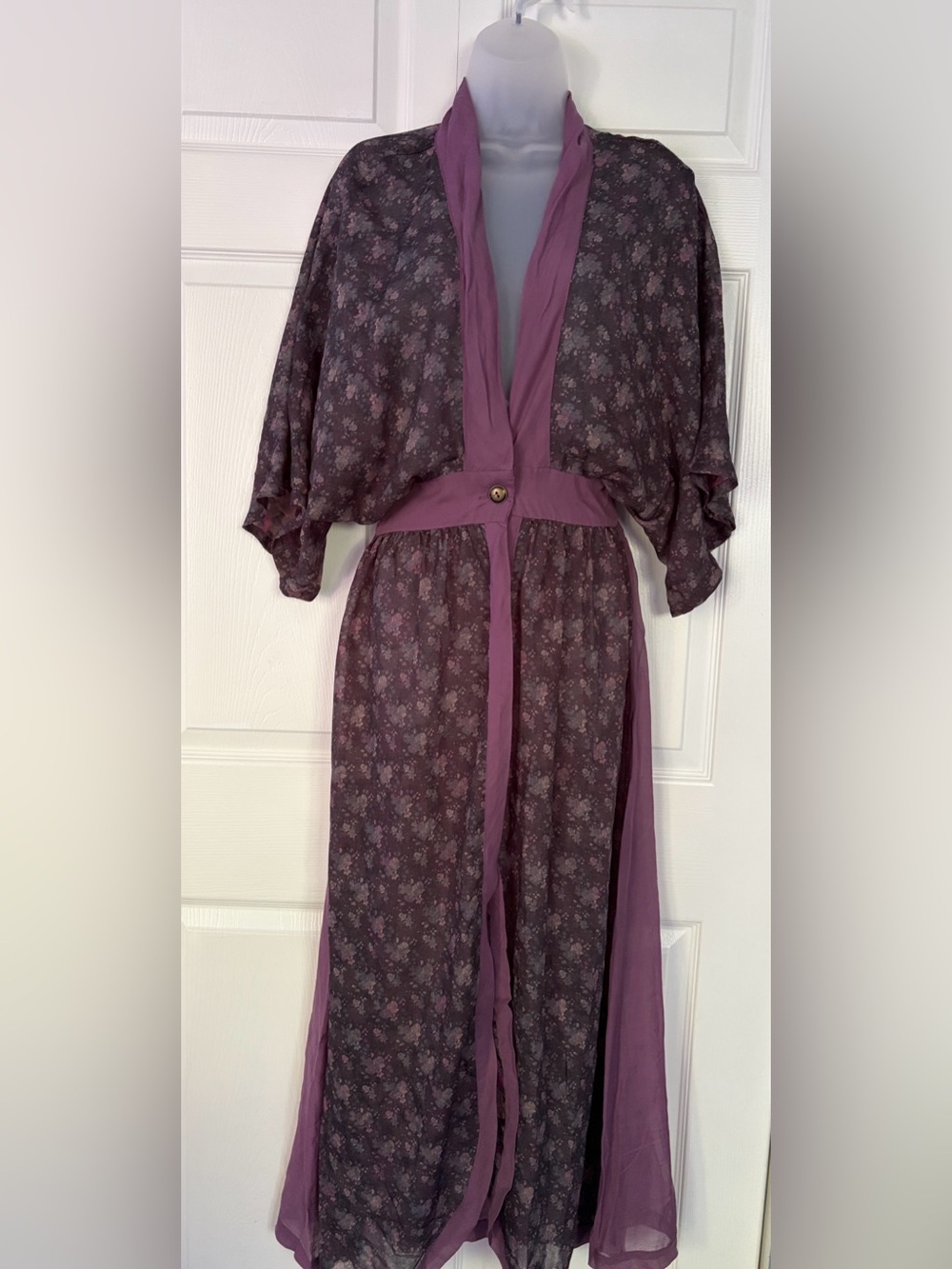 Linden Los Angeles Silk/Cotton Kimono Robe Duster Floral Patchwork Purple Small